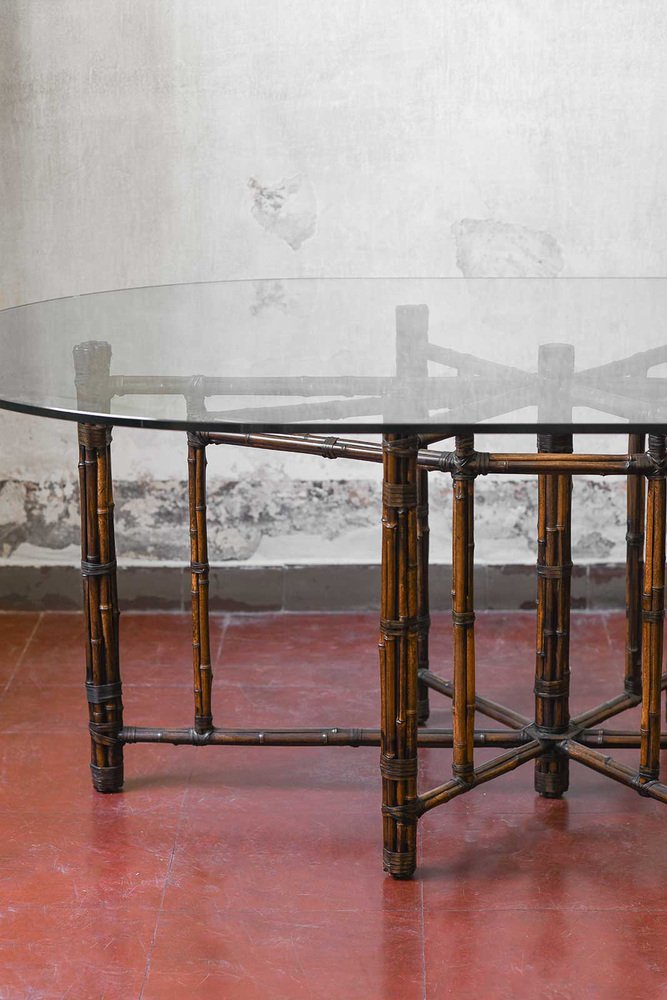 Large Oval Table in Rattan with Leather Bindings and Glass Top from Mc Guire, San Francisco, 1970s