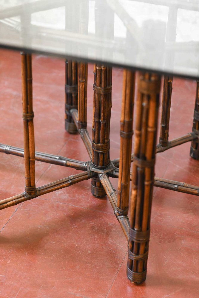 Large Oval Table in Rattan with Leather Bindings and Glass Top from Mc Guire, San Francisco, 1970s