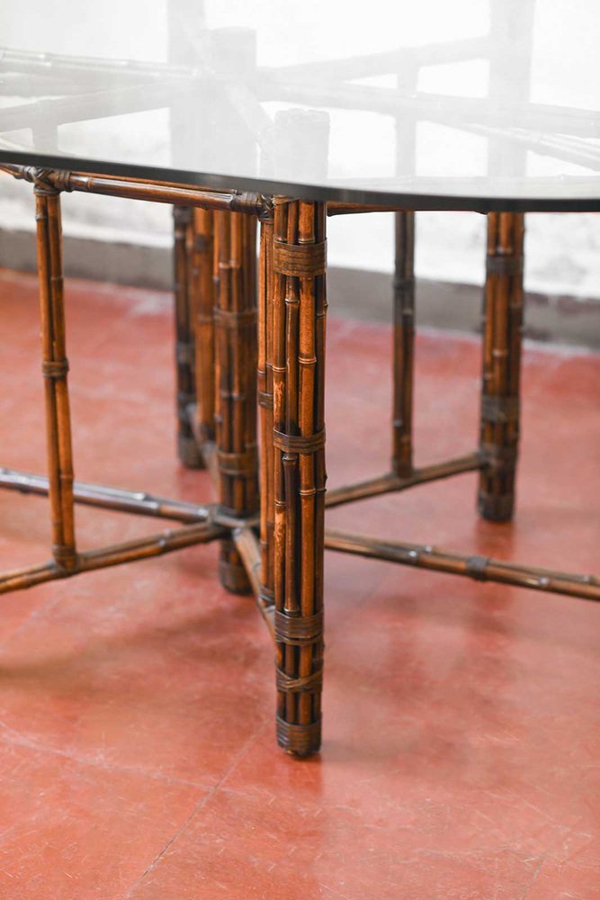 Large Oval Table in Rattan with Leather Bindings and Glass Top from Mc Guire, San Francisco, 1970s