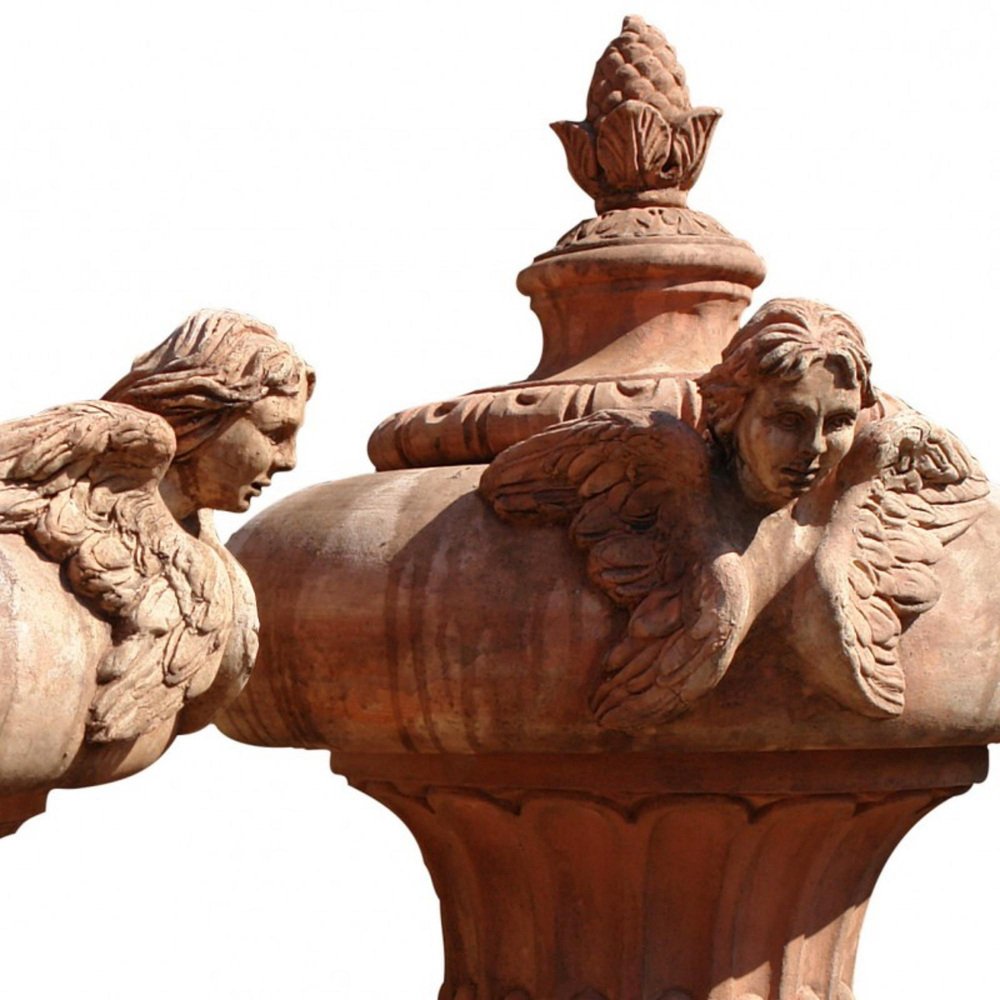 Large Pillar Vase with Angels Front Terracotta, Early 20th Century