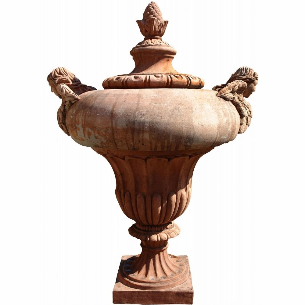 Large Pillar Vase with Angels Front Terracotta, Early 20th Century