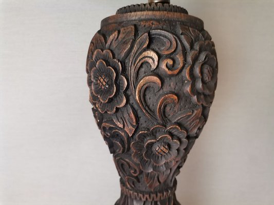 Large Portuguese Carved Wood and Half Shade Handmade Buffet Table Lamp, 1960s-SCS-1794816