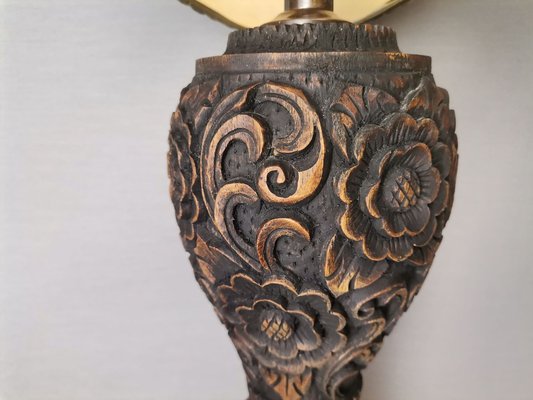 Large Portuguese Carved Wood and Half Shade Handmade Buffet Table Lamp, 1960s-SCS-1794816