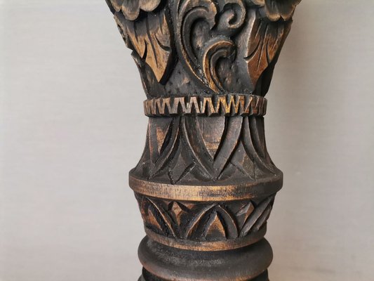 Large Portuguese Carved Wood and Half Shade Handmade Buffet Table Lamp, 1960s-SCS-1794816