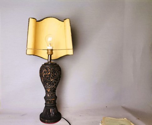 Large Portuguese Carved Wood and Half Shade Handmade Buffet Table Lamp, 1960s-SCS-1794816