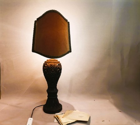 Large Portuguese Carved Wood and Half Shade Handmade Buffet Table Lamp, 1960s-SCS-1794816