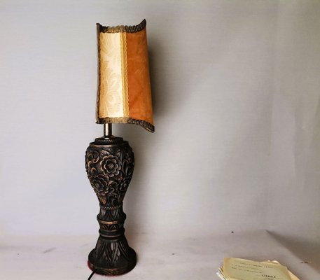 Large Portuguese Carved Wood and Half Shade Handmade Buffet Table Lamp, 1960s-SCS-1794816