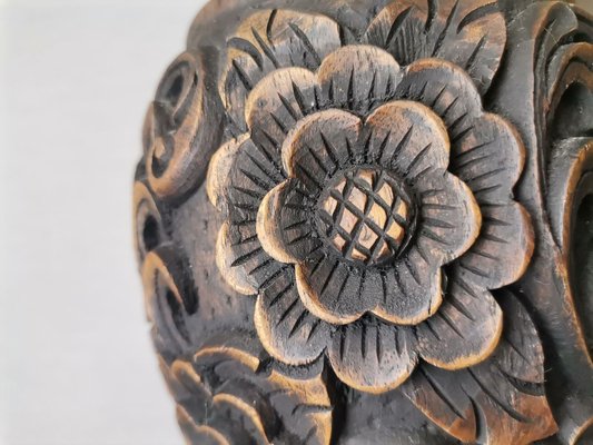 Large Portuguese Carved Wood and Half Shade Handmade Buffet Table Lamp, 1960s-SCS-1794816