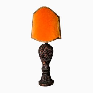 Large Portuguese Carved Wood and Half Shade Handmade Buffet Table Lamp, 1960s-SCS-1794816