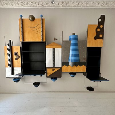 Large Postmodern Wall Unit in Metal and Lacquered Plywood, 1980s-FB-1783644