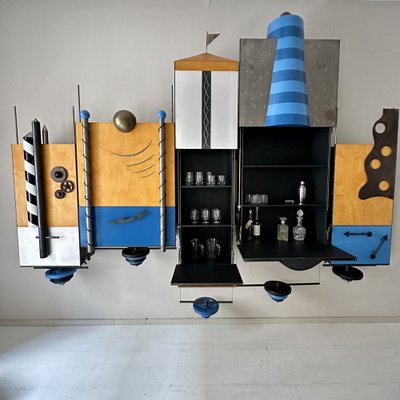 Large Postmodern Wall Unit in Metal and Lacquered Plywood, 1980s-FB-1783644