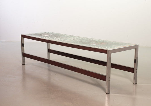 Large Rectangle Ceramic Color Explosion Coffee Table on Chromed and Wooden Frame from De Nisco, Belgium, 1970s