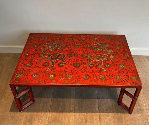 Large Red Lacquered Coffee Table with Golden Chinese Decorations, 1970s-BA-1698361