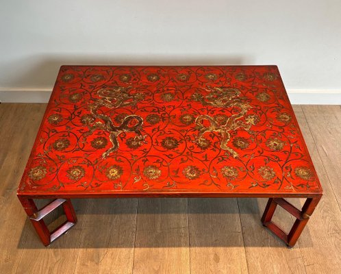 Large Red Lacquered Coffee Table with Golden Chinese Decorations, 1970s-BA-1698361