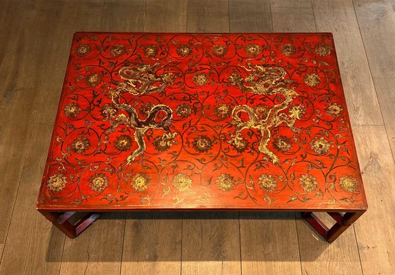 Large Red Lacquered Coffee Table with Golden Chinese Decorations, 1970s-BA-1698361