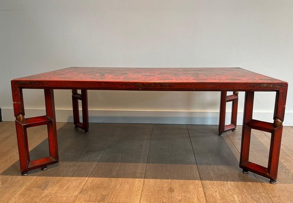 Large Red Lacquered Coffee Table with Golden Chinese Decorations, 1970s-BA-1698361