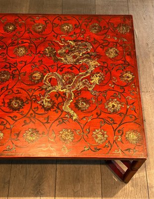 Large Red Lacquered Coffee Table with Golden Chinese Decorations, 1970s-BA-1698361