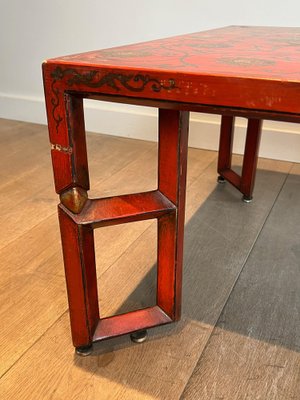 Large Red Lacquered Coffee Table with Golden Chinese Decorations, 1970s-BA-1698361