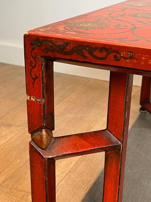 Large Red Lacquered Coffee Table with Golden Chinese Decorations, 1970s-BA-1698361