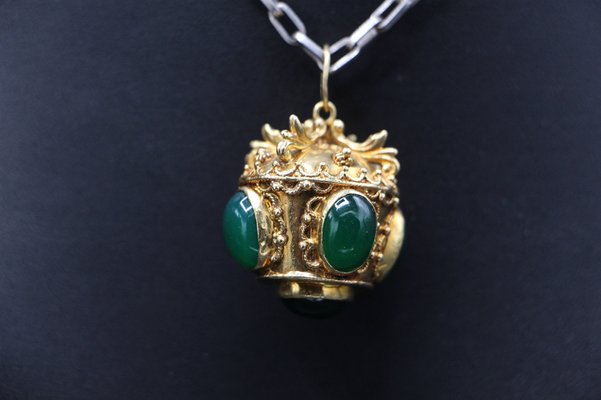 Large Renaissance Style Pendant Figuring a Gold Crown Decorated with Green Stone, 1950s-KMQ-2040934