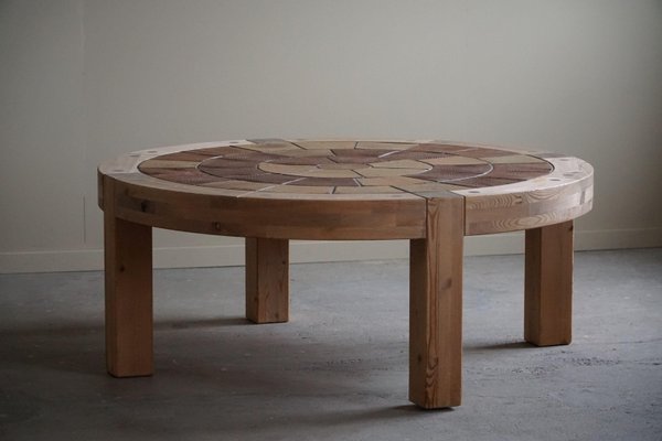 Large Round Coffee Table in Pine & Ceramic, Denmark, 1970s-MXF-1746770