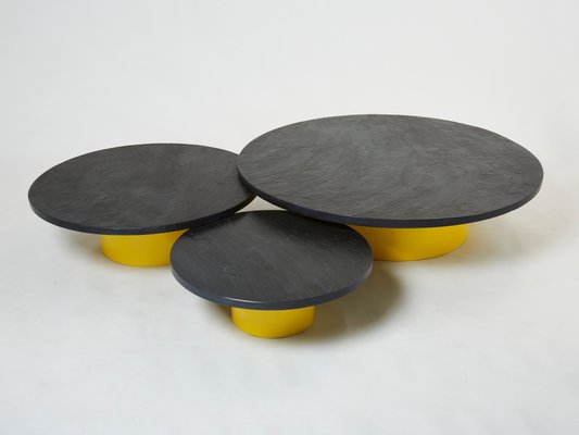 Large Round Coffee Tables With Yellow Lacquer Slate Tops, 1970s, Set of 3-YJA-1335591