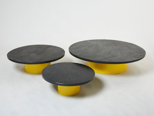 Large Round Coffee Tables With Yellow Lacquer Slate Tops, 1970s, Set of 3-YJA-1335591