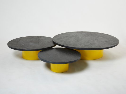 Large Round Coffee Tables With Yellow Lacquer Slate Tops, 1970s, Set of 3-YJA-1335591