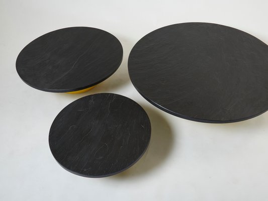 Large Round Coffee Tables With Yellow Lacquer Slate Tops, 1970s, Set of 3-YJA-1335591