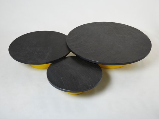 Large Round Coffee Tables With Yellow Lacquer Slate Tops, 1970s, Set of 3-YJA-1335591