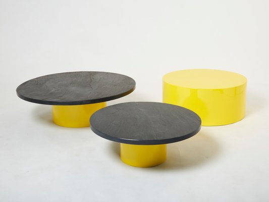 Large Round Coffee Tables With Yellow Lacquer Slate Tops, 1970s, Set of 3-YJA-1335591