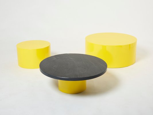 Large Round Coffee Tables With Yellow Lacquer Slate Tops, 1970s, Set of 3-YJA-1335591