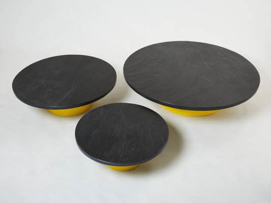 Large Round Coffee Tables With Yellow Lacquer Slate Tops, 1970s, Set of 3-YJA-1335591