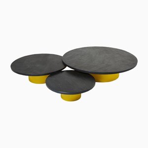 Large Round Coffee Tables With Yellow Lacquer Slate Tops, 1970s, Set of 3-YJA-1335591