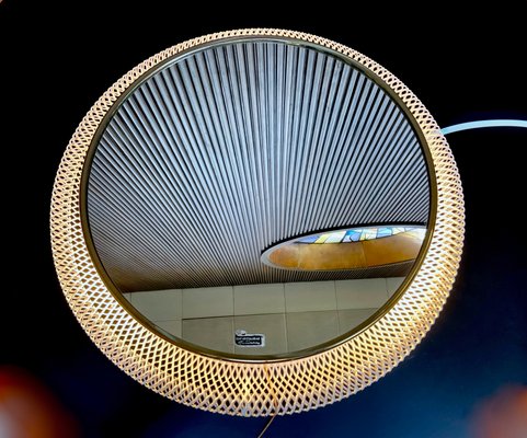 Large Round Illuminated Wire Mesh and Crystal Glass Mirror from Vereinigte Werkstätten München, Germany, 1950s-JP-1078636