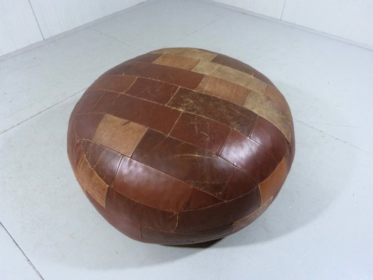 Large Round Patchwork Leather Pouf, 1960s-TU-1808072