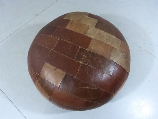 Large Round Patchwork Leather Pouf, 1960s-TU-1808072