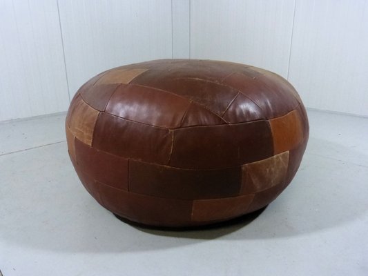 Large Round Patchwork Leather Pouf, 1960s-TU-1808072