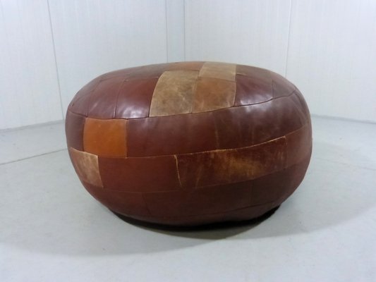 Large Round Patchwork Leather Pouf, 1960s-TU-1808072