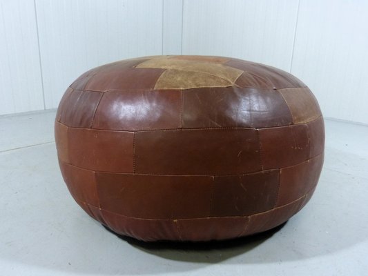 Large Round Patchwork Leather Pouf, 1960s-TU-1808072