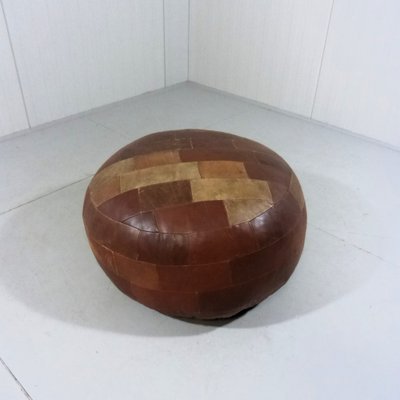 Large Round Patchwork Leather Pouf, 1960s-TU-1808072