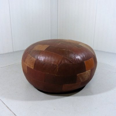 Large Round Patchwork Leather Pouf, 1960s-TU-1808072