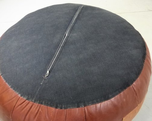 Large Round Patchwork Leather Pouf, 1960s-TU-1808072