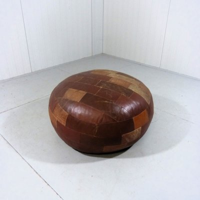 Large Round Patchwork Leather Pouf, 1960s-TU-1808072