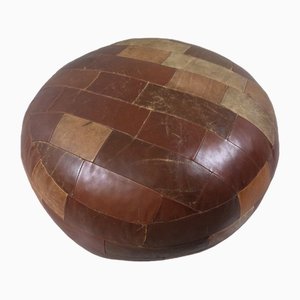 Large Round Patchwork Leather Pouf, 1960s-TU-1808072