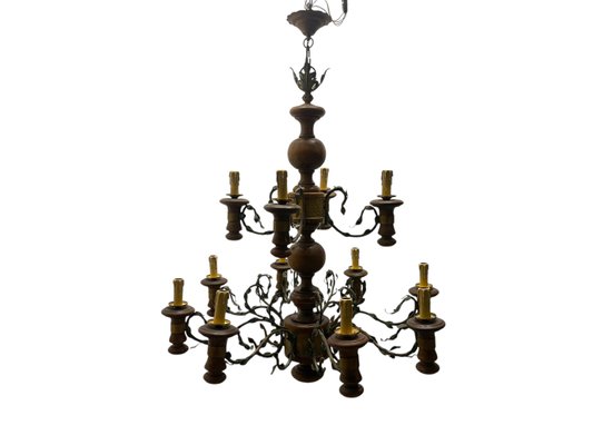 Large Rustic Wooden Chandelier in Wrought Iron, 1960s-JJC-2031318