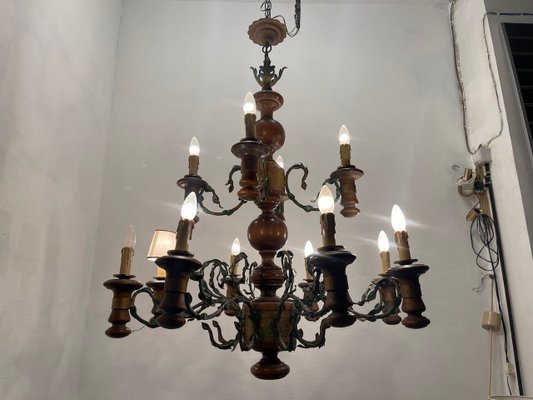 Large Rustic Wooden Chandelier in Wrought Iron, 1960s-JJC-2031318