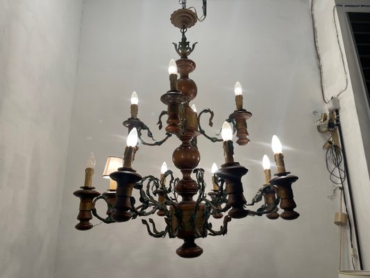 Large Rustic Wooden Chandelier in Wrought Iron, 1960s-JJC-2031318