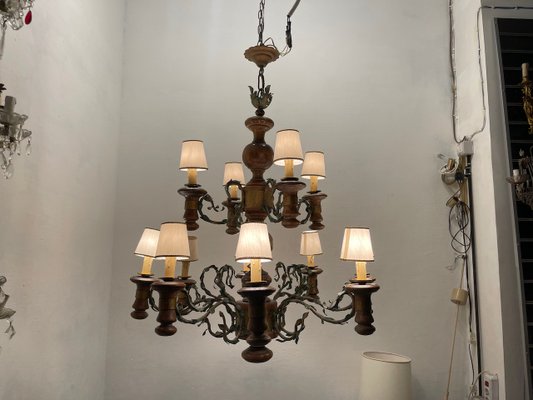 Large Rustic Wooden Chandelier in Wrought Iron, 1960s-JJC-2031318