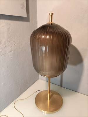 Large Satin Brass & Ribbed Milky Glass Floor Lamp-OHK-1220233